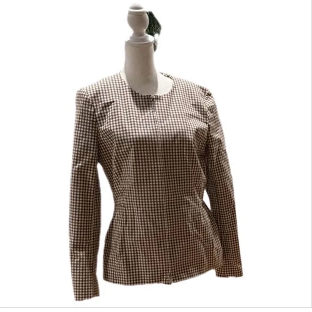 Theory Brown and White Gingham Long-Sleeve Top